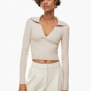 Aritzia Babaton Matte Pearl Sculp Knit Polo Long Sleeve Top Size M